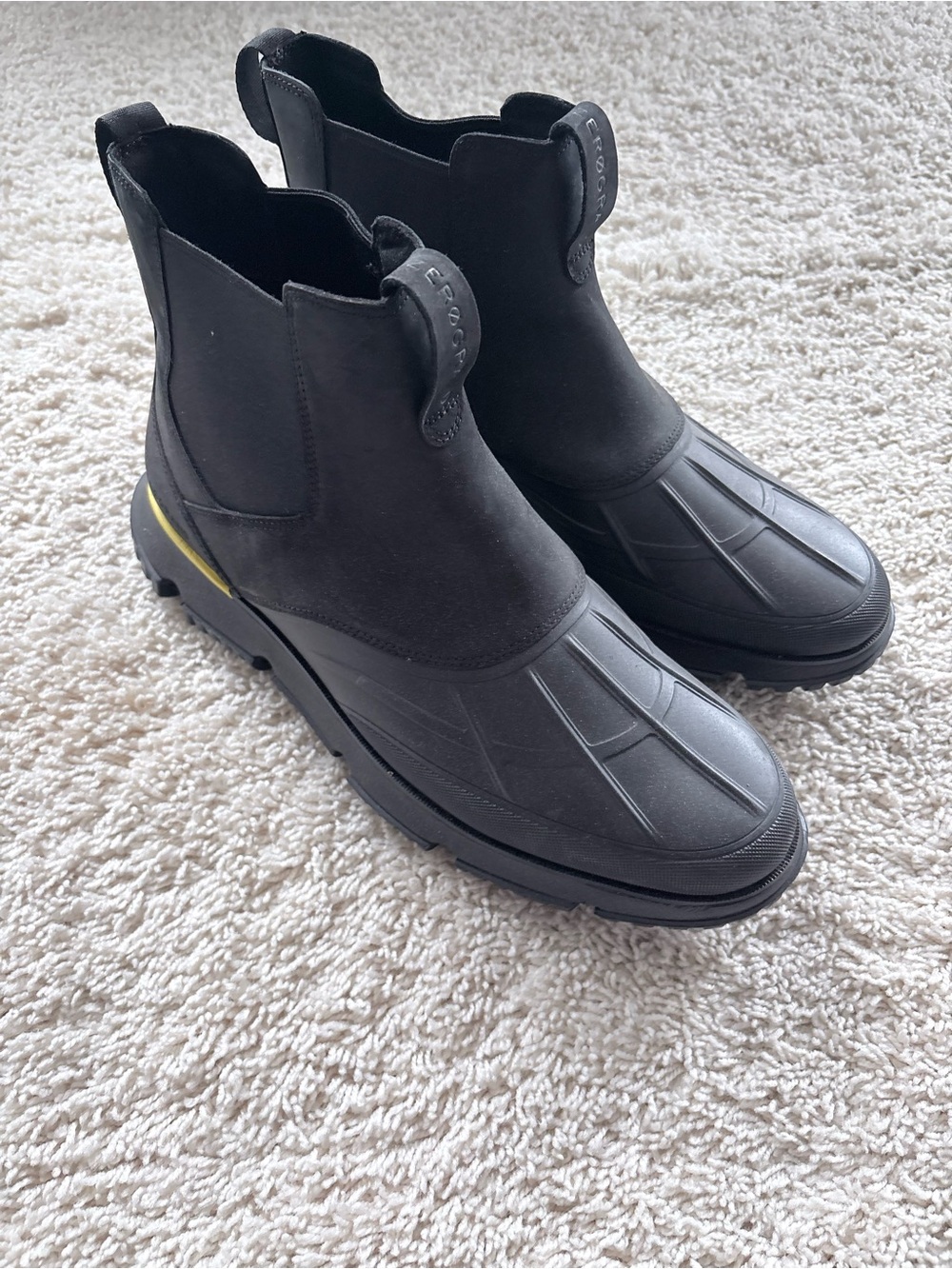 Cole Haan Black Men's Chelsea Rain Boots with Subtle Yellow Accent